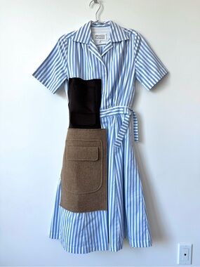 Maison Margiela Blue & White Striped Cotton Shirt Dress with Felted Wool Pockets